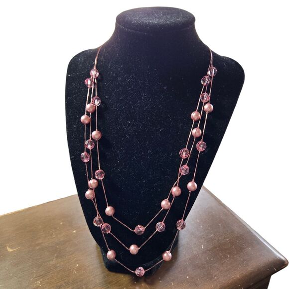 Unbranded Jewelry - Faux Pink Pearl & Crystal layered Necklace Silk Thread Multi-Strand Silver Clasp